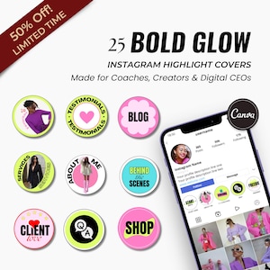 Op de afbeelding: 25 kleurrijke Instagram-highlight-covers met vette tekst. De covers bevatten tekst zoals "Blog", "Shop", "Behind the Scenes", "Testimonials", "Over mij", "Klantliefde", "Services" en "Q&A".