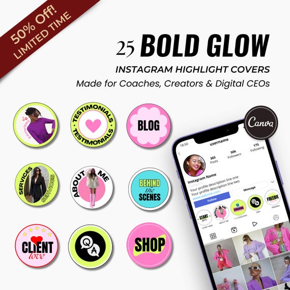 Bold Instagram Highlight Covers for Coaches & Creators | Editable Canva IG Icons | Aesthetic IG Templates for CEOs, Entrepreneurs Boss Babes