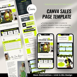 Könnte beinhalten: Eine Canva-Verkaufsseitenvorlage in Neon-Bold-Design. Die Vorlage enthält Abschnitte für die Kurseinführung, Investitionsdetails und Kundenreferenzen. Das Design verwendet ein Schwarz-, Weiß- und Neongrün-Farbschema mit dem Text "CANVA SALES PAGE TEMPLATE".