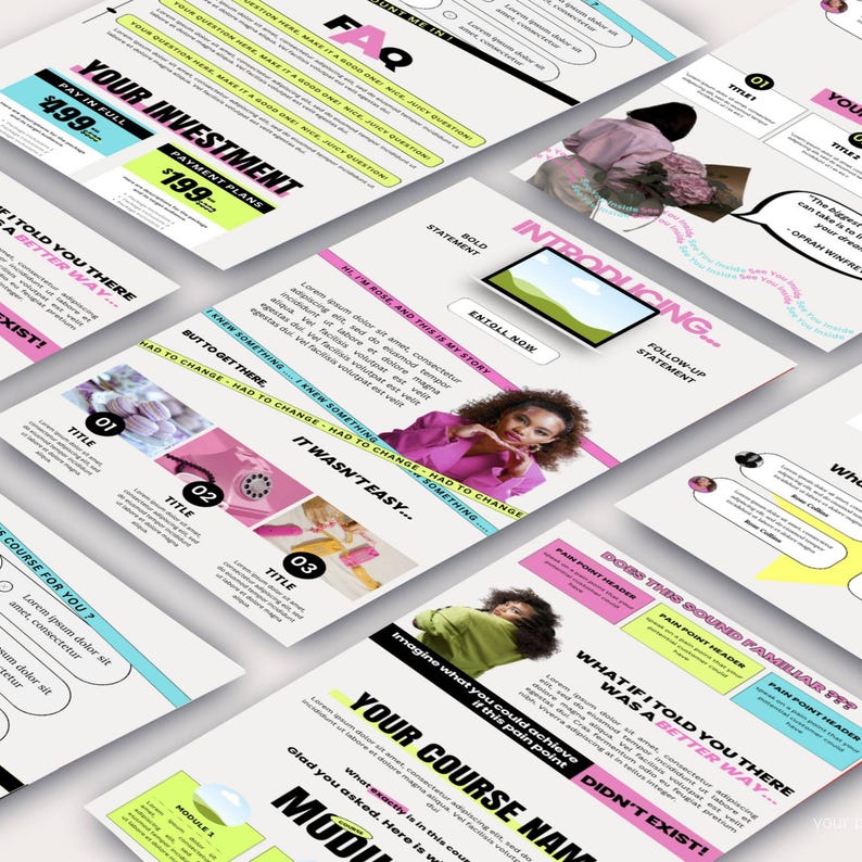 May include: A pink and yellow digital marketing course landing page with the text "Introducing..." and "What if I told you there was a better way..."  The page features a woman with a pink shirt and a pink phone. The page also includes a section titled "Your Investment" with payment plans.