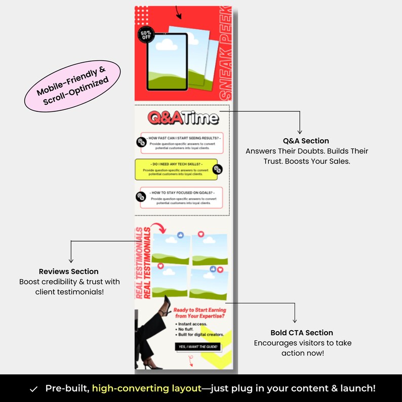 Peut inclure: Mod&egrave;le de page de destination de marketing num&eacute;rique avec un sch&eacute;ma de couleurs rouge, jaune et blanc. Le mod&egrave;le pr&eacute;sente un aper&ccedil;u de la section Q&R, une section pour les t&eacute;moignages r&eacute;els et un appel &agrave; l'action audacieux. Le texte sur la page comprend "Q&ATime", "Pr&ecirc;t &agrave; commencer &agrave; gagner de l'argent gr&acirc;ce &agrave; votre expertise ?", "Mod&egrave;le pr&eacute;-construit, &agrave; conversion &eacute;lev&eacute;e - il suffit de brancher votre contenu et de lancer !"