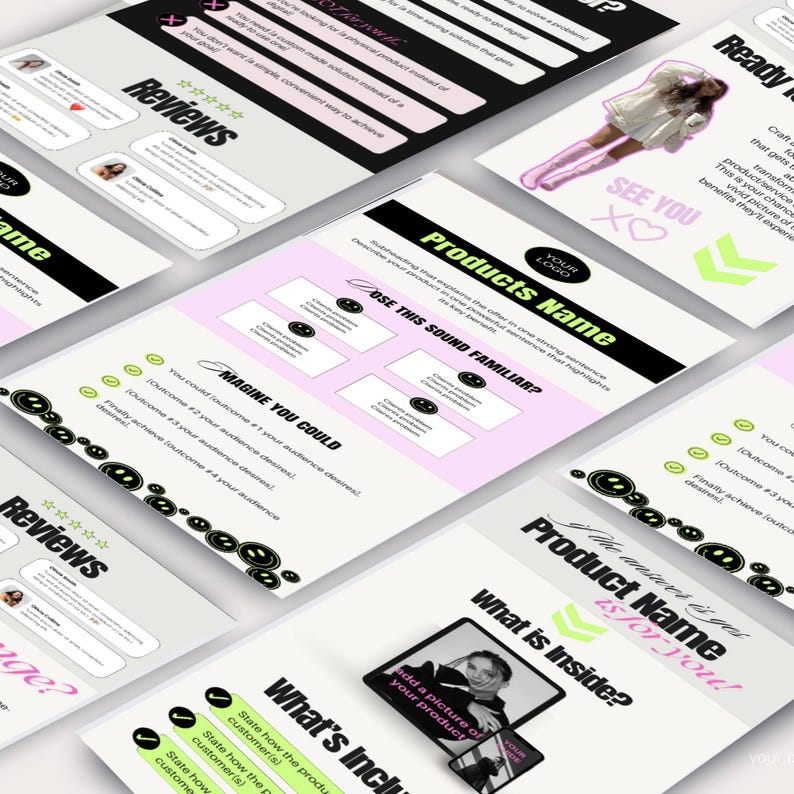 May include: A pink and white digital marketing template with black text and graphics. The template includes the text "Products Name", "Imagine You Could", "What's Included", and "See You".