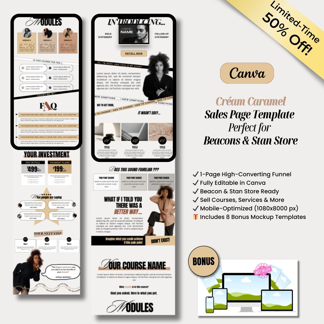 Luxe Sales Page Template for Beacons & Stan Store | Cream Caramel Page ...