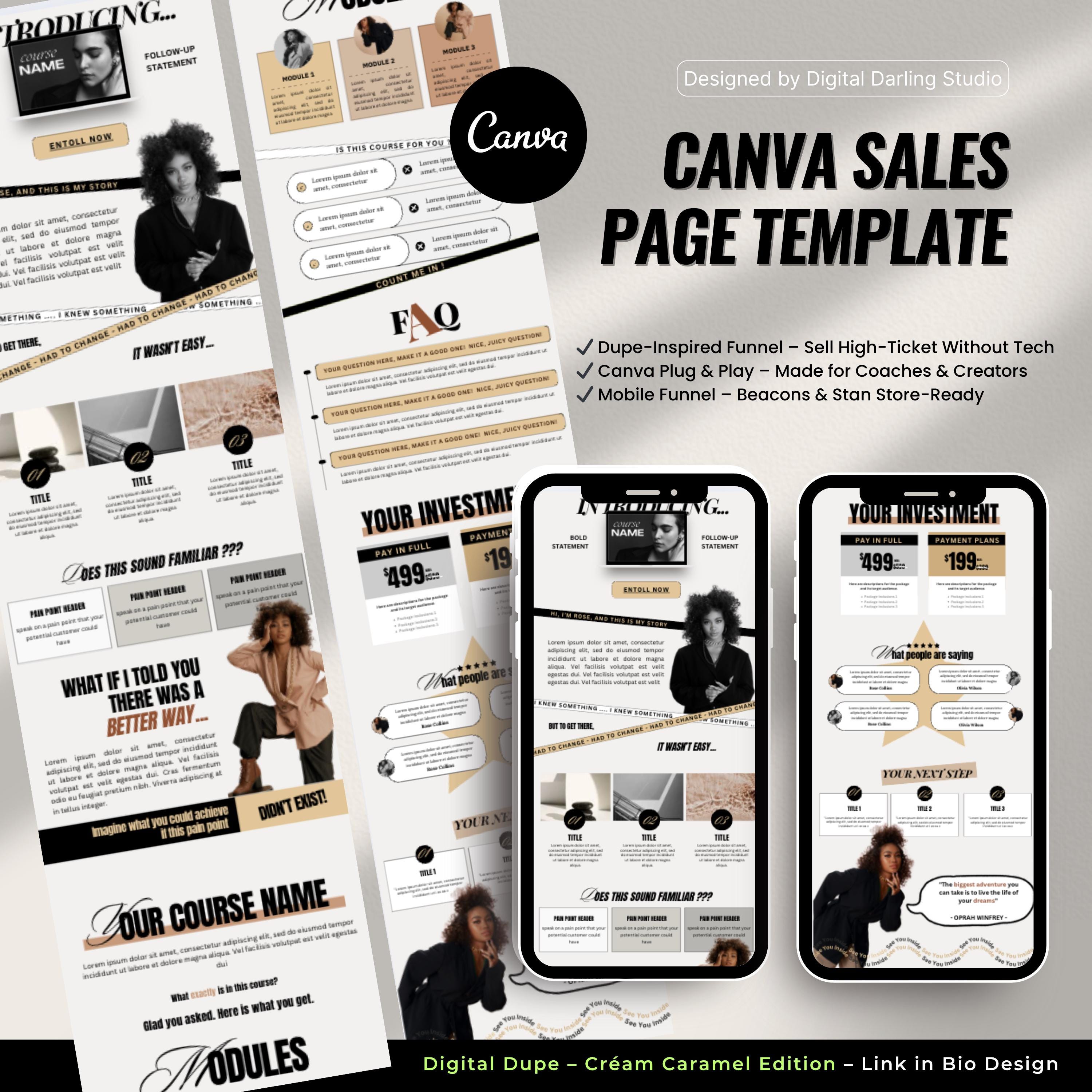 Luxe Sales Page Template for Beacons & Stan Store | Cream Caramel Page ...