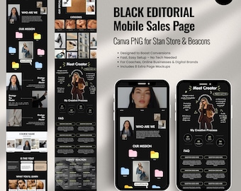 Black Editorial Mobile Sales Page Template for Stan Store & Beacons | Canva Link-in-Bio Funnel