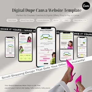 Puede incluir: Una plantilla de sitio web digital de Canva con el texto "Digital Dupe Canva Website Template". La imagen muestra varios tel&eacute;fonos inteligentes que muestran dise&ntilde;os de sitios web. El texto incluye "Scroll-Stopping Design That Sells Your Offer".