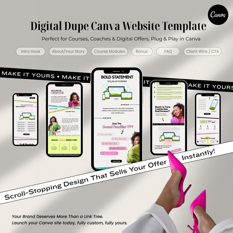 Puede incluir: Una plantilla de sitio web digital de Canva con el texto "Digital Dupe Canva Website Template". La imagen muestra varios tel&eacute;fonos inteligentes que muestran dise&ntilde;os de sitios web. El texto incluye "Scroll-Stopping Design That Sells Your Offer".