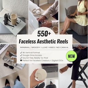 May include: A collection of images showcasing a laptop, coffee, and fashion magazines. Text overlay states "550+ Faceless Aesthetic Reels" with details about format, access, and content. The overall aesthetic is minimal and luxurious.