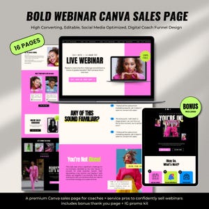 Könnte beinhalten: Ein digitales Marketing-Design für eine Webinar-Verkaufsseite. Das Design zeigt einen Laptop und ein Tablet mit einem rosa und weißen Layout mit dem Text "LIVE WEBINAR" und "YOU'RE IN!". Enthält ein Bonus-Kit und 16 Seiten.