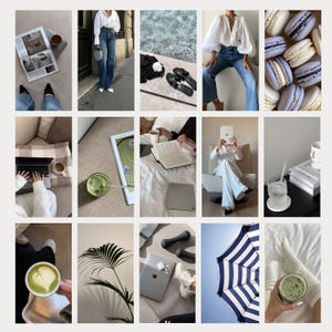 May include: A collage of images featuring various items, including a woman wearing a white blouse and jeans, a laptop computer, a cup of coffee, a plant, a book, a tablet, a pair of shoes, a glass of water, a macaron, and a beach umbrella.