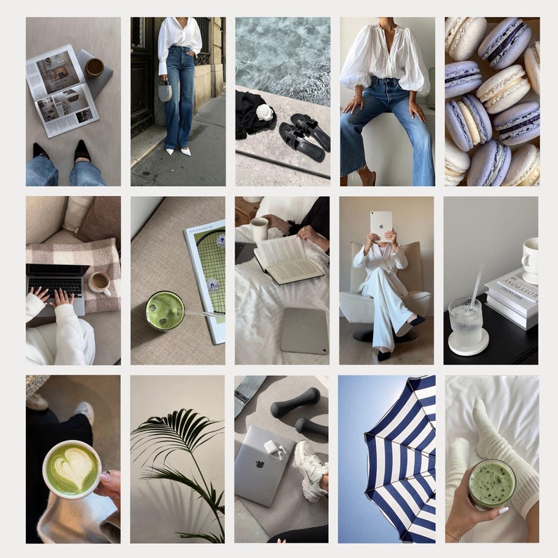 May include: A collage of images featuring various items, including a woman wearing a white blouse and jeans, a laptop computer, a cup of coffee, a plant, a book, a tablet, a pair of shoes, a glass of water, a macaron, and a beach umbrella.
