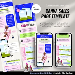 Plantilla de página de ventas/tienda Beacons, Stan, con embudo azul llamativo, diseño Canva de alta conversión para productos digitales, ebooks, guías y enlace en la biografía.