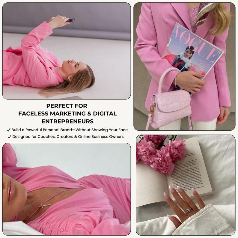 May include: A collage of images featuring a woman wearing a pink blazer and holding a pink handbag, a woman wearing a pink dress lying on a bed, and a book with pink flowers on top of it. The text "PERFECT FOR FACELESS MARKETING & DIGITAL ENTREPRENEURS" is visible in the image. The text "✓ Build a Powerful Personal Brand-Without Showing Your Face" and "✓ Designed for Coaches, Creators & Online Business Owners" is also visible in the image.