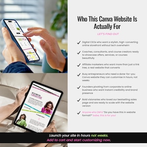 Puede incluir: Un tel&eacute;fono inteligente y una tableta muestran dise&ntilde;os de sitios web. El texto de la derecha enumera para qui&eacute;n es el sitio web de Canva, incluidos los directores ejecutivos digitales, los entrenadores y los emprendedores. El texto inferior dice: "Lanza tu sitio en horas, no semanas."