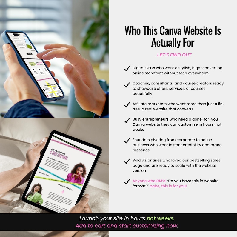 Puede incluir: Un tel&eacute;fono inteligente y una tableta muestran dise&ntilde;os de sitios web. El texto de la derecha enumera para qui&eacute;n es el sitio web de Canva, incluidos los directores ejecutivos digitales, los entrenadores y los emprendedores. El texto inferior dice: "Lanza tu sitio en horas, no semanas."