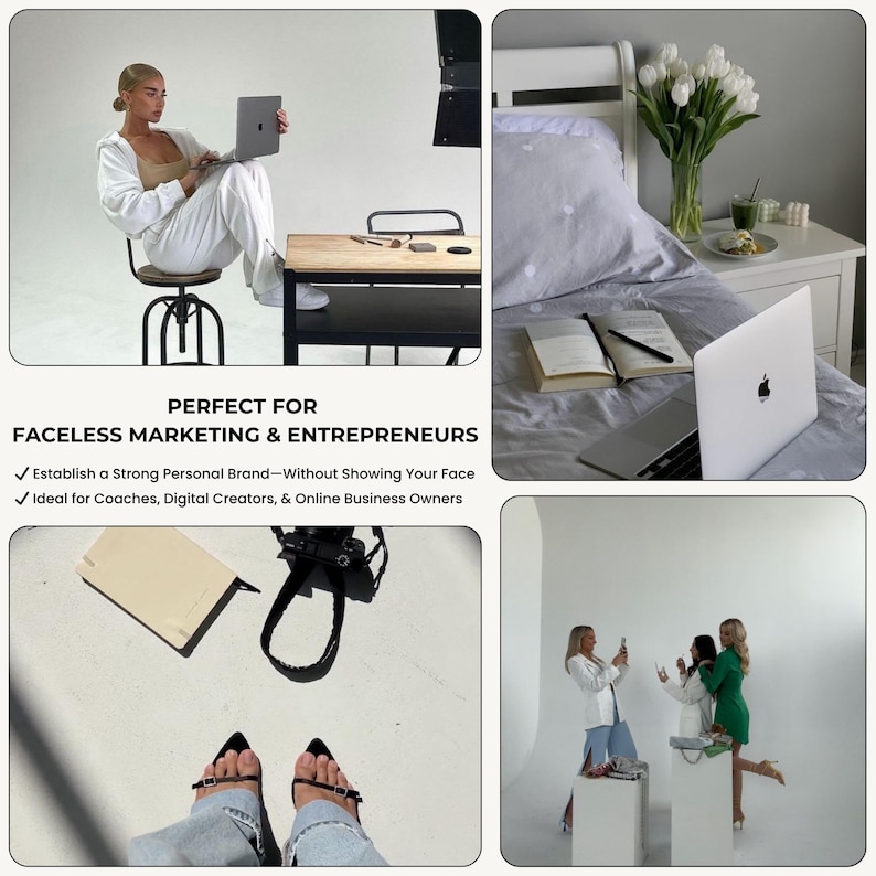 Op de afbeelding: Een collage van vier afbeeldingen die verschillende manieren laten zien om een ​​persoonlijk merk te cre&euml;ren zonder je gezicht te laten zien. De eerste afbeelding toont een persoon die op een kruk zit voor een laptop. De tweede afbeelding toont een laptop en een notitieboek op een bed. De derde afbeelding toont een camera en een notitieboek op een wit oppervlak. De vierde afbeelding toont drie mensen die een selfie maken in een witte studio.