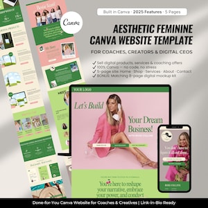 Puede incluir: Plantilla de sitio web Canva femenina y estética para coaches y creadores. El diseño incluye una maqueta de portátil y smartphone, con un esquema de color rosa y verde. El texto incluye "Your Dream Business!" y "Let's Build."