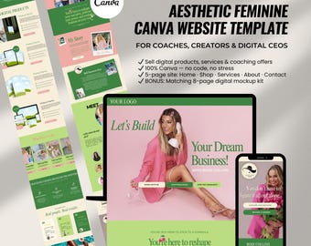 Aesthetic Canva Website Template | Pink Feminine Sales Funnel for Coaches, Course Creators, Digital CEOs | Link in Bio Portfolio, Sofi Style