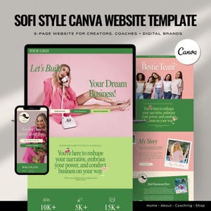 Può includere: Un modello di sito web digitale per Canva intitolato Sofi Style, che presenta un layout di 5 pagine per creatori e coach. Il design utilizza una tavolozza di colori rosa, verde chiaro e verde scuro, mostrando testo, fotografie e icone su schermi.