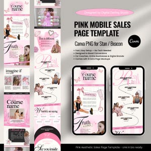 May include: Pink mobile sales page template for Canva, featuring a vertical layout with the text "Course name" and "Real talk". The design includes images, text, and butterfly graphics. The template is designed for coaches, online businesses, and digital brands.