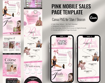 Pink Aesthetic Sales Page Template | Canva Mobile Funnel for Stan Store & Beacon | 2-Page PNG Link-in-Bio Funnel, Course Coaching Sales Page
