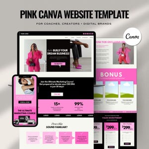 Peut inclure: Un modèle de site web Canva rose et noir pour coachs, créateurs et marques numériques. La mise en page affiche une vue bureau et mobile avec du texte tel que Let's BUILD YOUR DREAM BUSINESS, The Ultimate Marketing Course et Bonus.