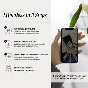 May include: A graphic with four steps to download a luxury stock photo bundle. The steps are: Purchase & Download, Download the PDF File, Post & Attract Your Dream Clients, and Dedicated Support, Whenever You Need It. The graphic also includes the text: Your Brand Deserves the Best Get Instant Access Now!