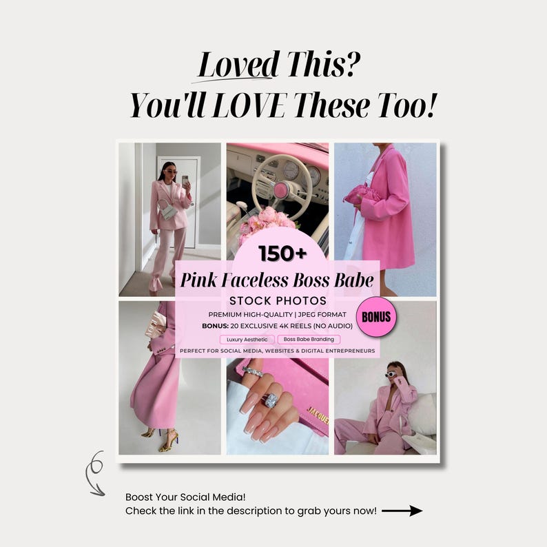Puede incluir: Imagen promocional con un collage de fotos con tem&aacute;tica rosa. El texto dice "Pink Faceless Boss Babe" con detalles sobre fotos de archivo, incluyendo "Luxury Aesthetic" y "Boss Babe Branding". La imagen tambi&eacute;n incluye el texto "Loved This? You'll LOVE These Too!"