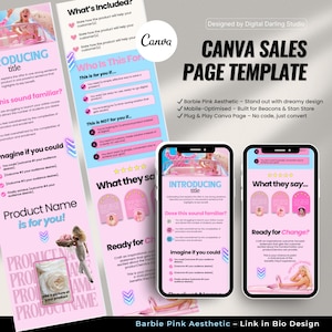 Barbie Pink Sales Page Template, Editable Canva Funnel for Beacons & Stan Store High-Converting Digital Product Page PNG, Feminine Aesthetic