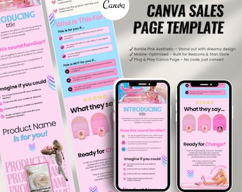 Barbie Pink Sales Page Template, Editable Canva Funnel for Beacons & Stan Store High-Converting Digital Product Page PNG, Feminine Aesthetic