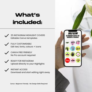 May include: A digital graphic display on a smartphone screen showing a set of twelve circular Instagram highlight covers with various colors and text labels, alongside a list of features titled What's included with five checkmarks.