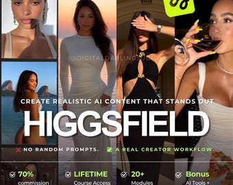 May include: A digital promotional graphic for Higgsfield featuring four distinct images of individuals in various settings, including a white long-sleeved dress, a black cut-out dress, and beachwear, with text overlays stating Create Realistic AI Content That Stands Out.