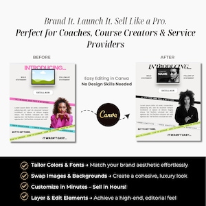 May include: Before and after images of a social media post template. The template is a black and white image with a woman's face in the centre. The text "Introducing..." is at the top of the image. The text "Enroll Now" is below the image. The text "Hi, I'm [Name], and this is my story" is below the "Enroll Now" text. The text "I knew something had to change..." is below the story text. The text "But to get there, I had to change..." is below the "I knew something had to change..." text. The text "It wasn't easy..." is below the "But to get there, I had to change..." text. The text "Easy Editing in Canva. No Design Skills Needed" is below the image. The text "Canva" is in a circle below the text "Easy Editing in Canva. No Design Skills Needed".