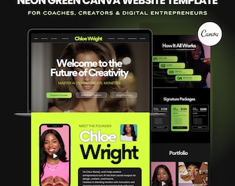 Neon Green Canva Website Template, Modern 1-Page Website for Coaches, Creators | Digital Business Homepage, Services, Portfolio, Link in Bio