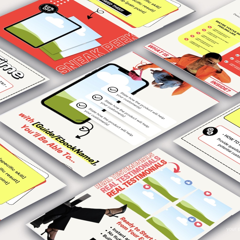 Peut inclure: Une s&eacute;rie de visuels de marketing num&eacute;rique color&eacute;s avec du texte qui dit "Sneak Peek", "What is Inside?", "How to", "Real Testimonials", et "Ready to Start from Your Etsy Shop". Les visuels pr&eacute;sentent un &eacute;cran de t&eacute;l&eacute;phone avec des coches et une femme portant une chemise orange vif.