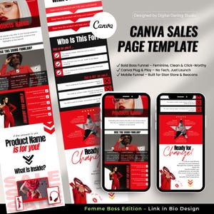 Plantilla de página de ventas en rojo con embudo de Canva para Stan Store & Beacons / Diseño editable de alta conversión para coaches y directores ejecutivos digitales