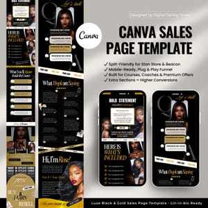 May include: A black and gold Canva sales page template, designed for courses and coaches. The template includes sections for a bold statement, what's included, and testimonials. The design is mobile-ready and features images of women.