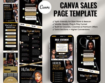 Black & Gold Sales Page Template for Stan Store, Beacons, Bold Canva Funnel for Coaches, Course Creators, Digital Products, Service Provider