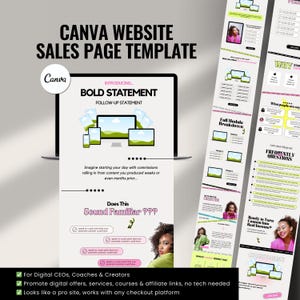 May include: A Canva website sales page template displayed on a laptop screen. The template includes sections for a bold statement, follow-up statement, and frequently asked questions. The design features a light color scheme with images and text, and is geared towards digital CEOs, coaches, and creators.