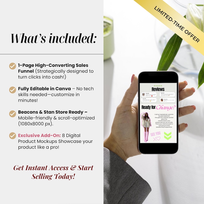 May include: A digital marketing funnel template for Etsy sellers. The template includes a one-page sales funnel, product mockups, and is fully editable in Canva. The template is mobile-friendly and scroll-optimized for use on Etsy and other platforms. The text on the phone screen reads "Reviews" and "Ready for Change?"