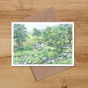 Casa de campo de Ned Curran, Comeraghs, Waterford, Irlanda - Cartão de felicitações em branco | Cartão de felicitações com paisagens irlandesas | Cartão de felicitações romântico da Irlanda
