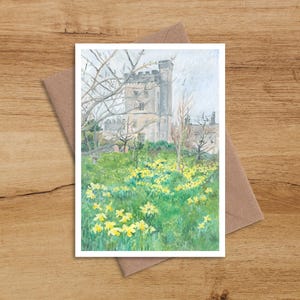 Castillo de Lismore - Tarjeta de felicitación en blanco - West Waterford, Irlanda - Tarjeta de felicitación con paisaje irlandés - Tarjeta de felicitación con narcisos primaverales
