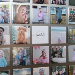 May include: A collage of square photos on a silver background. The photos feature a variety of subjects, including children, animals, and landscapes. The photos are arranged in a grid pattern and are all the same size. The photos are printed on a glossy paper and have a white border.