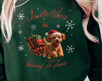Moletom natalino "SantaPaws is Coming to Town Cockapoo" | Moletom divertido | Roupa aconchegante de inverno | Feminino