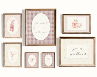 Girl Nursery Wall Art Set of 7, Swan and Ballerina Prints, Vintage Girls Room Decor, Baby Girl Quote Wall Art, Digital Download