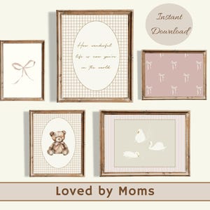Vintage Pink Bow Nursery Wall Art Set Digital Download for Baby Girl Room Coquette Pastel Prints Feminine Nursery Decor