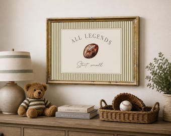 Vintage Boy Nursery Wall Art, All Legends Start Small Football Print, Classic Sports Baby Boy Room Decor, Sage Green Digital Download