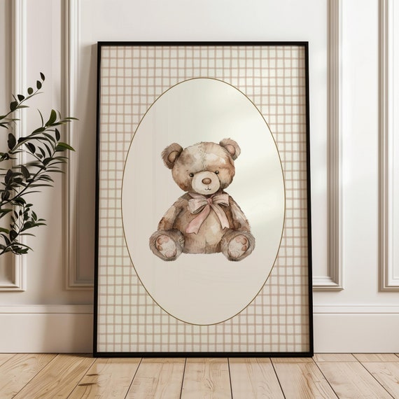 Pink Bow Nursery Wall Art Teddy Bear Print for Toddler Girl Room (Digital Download)