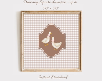 Girl Nursery Wall Art, Vintage Goose Print, Gingham Farmhouse Decor, Baby Girl Room Art, Coquette Nursery Decor, Digital Download