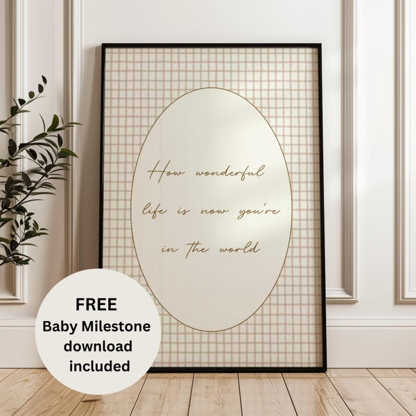 Quote Wall Art Print, Typography Printable Decor, Gingham Vintage Wall Art, Inspirational Quote, Digital Download, How Wonderful Life Is